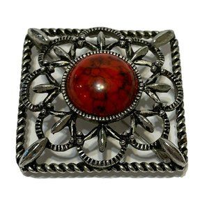 Vintage Sarah Coventry Silver Tone Square Pin Red Orange Stone Brooch Open Work